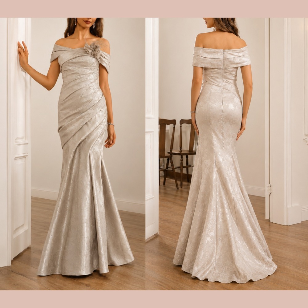NWT $651 Terani‎ Couture [ 16 ] Off Shoulder Ruched Jacquard Mermaid Gown J2364